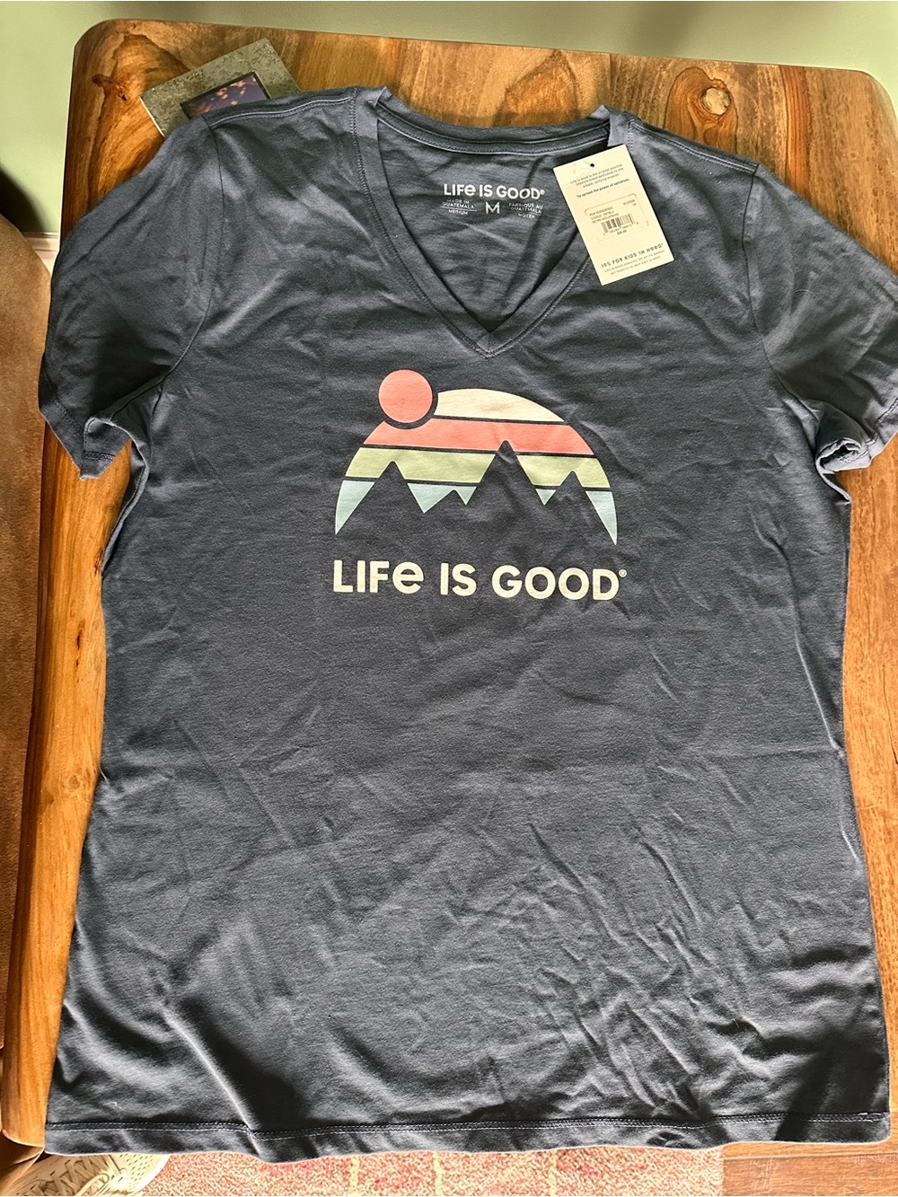 Life Is Good Navy Short Sleeve V-Neck Tee with Sunset Mountain Graphic